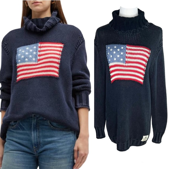Denimist Sweaters - Denimist American Flag Turtleneck Sweater Size Medium Navy Oversized Patriotic